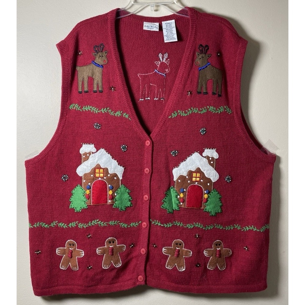 Bobbie Brooks Women's Size 26 Red Beaded Embroidered Christmas Sweater Vest
